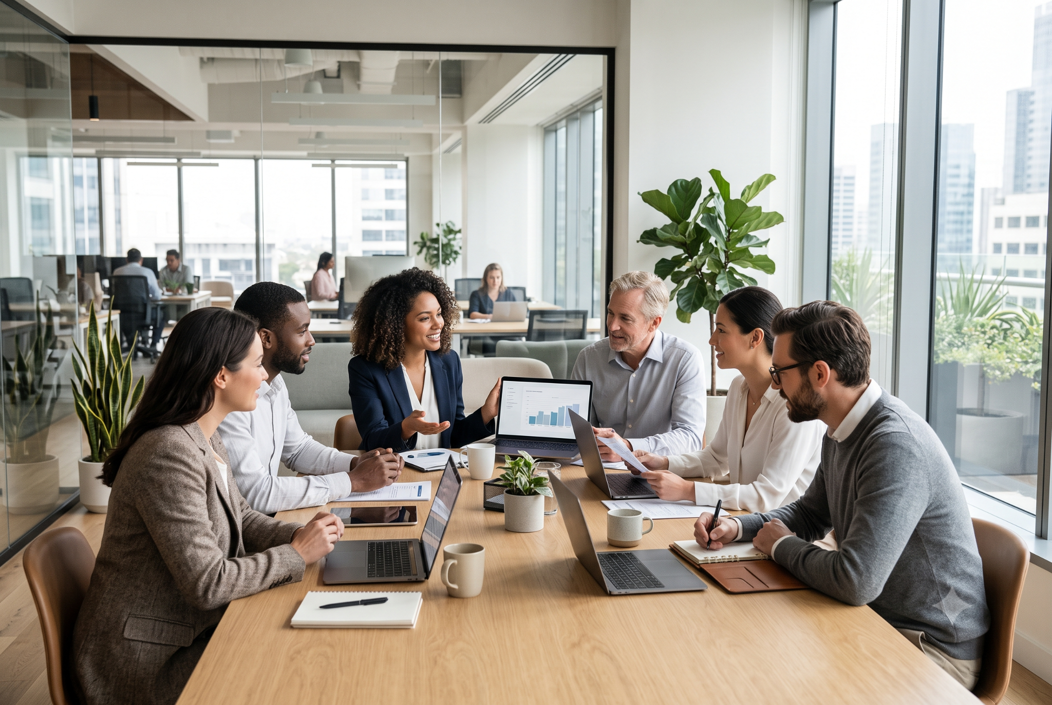 Business colleagues reviewing a growth chart together around a meeting table